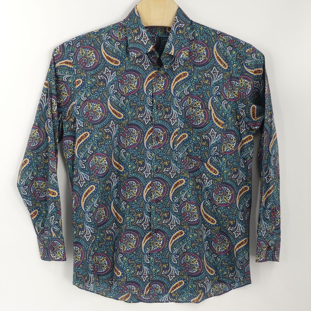 Alan Flusser Long Sleeve Paisley Blue Green Shirt Men's Large L‎
